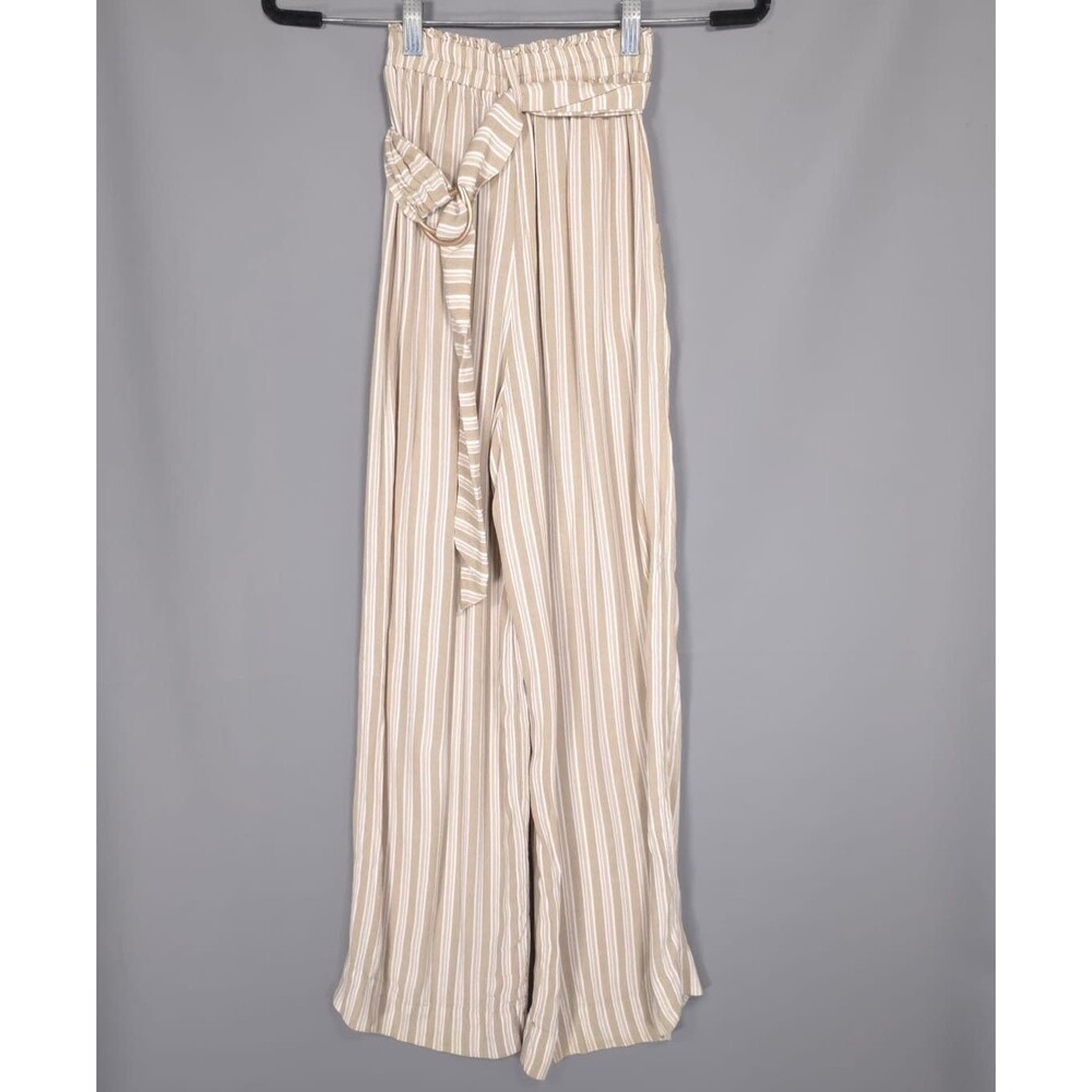 LUSANA Striped Cropped Pants Elastic Waist Belted Wide Leg Relaxed Size XS